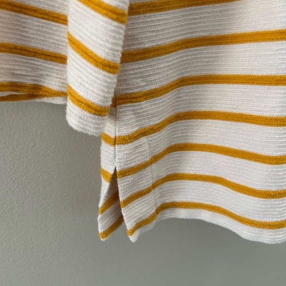 ☃️Old Navy Mustard Yellow & White Striped Boat Neck Terry Clothe 3/4 Sleeve Top - Picture 2 of 4